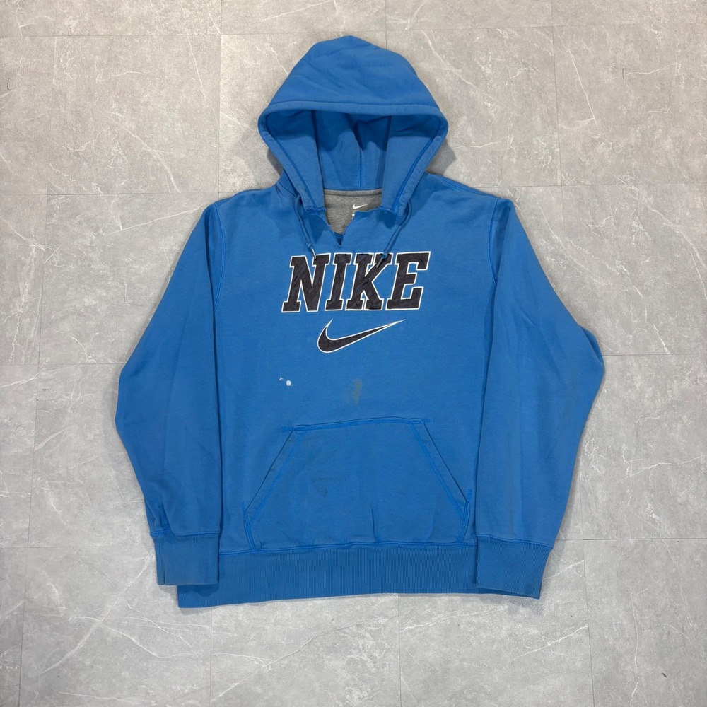 Nike Mens XXL Blue Graphic Logo Pullover Hoodie Distressed V-Neck Sweatshirt